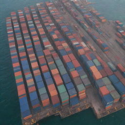 Multiple colorful maritime shipping containers stacked on a bustling dock with a calm ocean in the background.