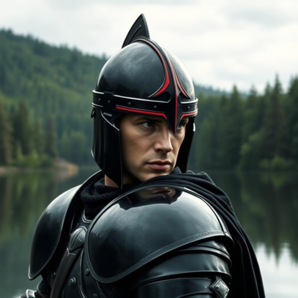 A realistic depiction of a man wearing black knight armor with an elaborate helmet