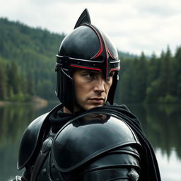 A realistic depiction of a man wearing black knight armor with an elaborate helmet