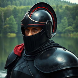 A realistic depiction of a man wearing black knight armor with an elaborate helmet