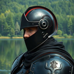 A realistic depiction of a man wearing black knight armor with an elaborate helmet