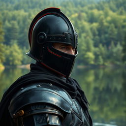 A realistic depiction of a man wearing black knight armor with an elaborate helmet