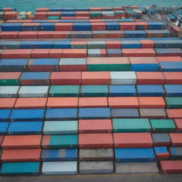 Multiple colorful maritime shipping containers stacked on a bustling dock with a calm ocean in the background.