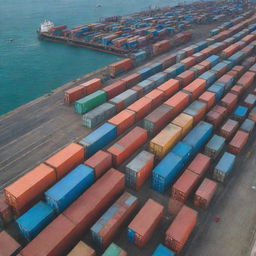 Multiple colorful maritime shipping containers stacked on a bustling dock with a calm ocean in the background.