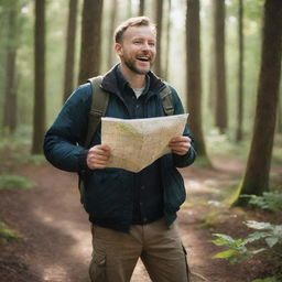 An enthusiastic man at the forest's edge holding a map and compass. The first steps into the dim woods, with sunlight filtering through the leaves.