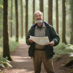 An enthusiastic man at the forest's edge holding a map and compass. The first steps into the dim woods, with sunlight filtering through the leaves.