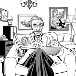 Salvador Dali depicted reading on a modern iPad, seated comfortably in a stylish and contemporary living room