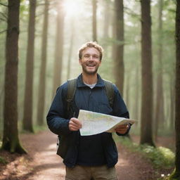 An enthusiastic man at the forest's edge holding a map and compass. The first steps into the dim woods, with sunlight filtering through the leaves.