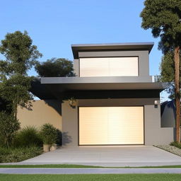 A two-storey modern, box-type house with sleek lines and flat roofs. The architecture includes large, sliding glass doors, open living spaces, and minimalistic interior decor.