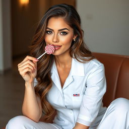 A stunning brunette woman in a nurse suit enjoying a lollipop, featuring hints of blonde in her hair, sitting in a relaxed w-sitting position