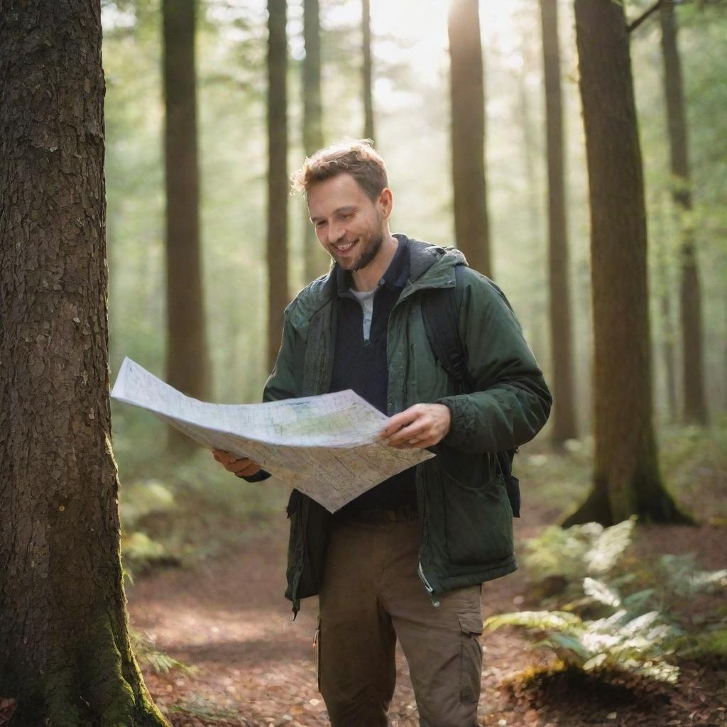 An enthusiastic man at the forest's edge holding a map and compass. The first steps into the dim woods, with sunlight filtering through the leaves.