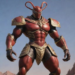 A muscular ant-like warrior king, clad in grand armor, exuding a potent aura of majesty and strength