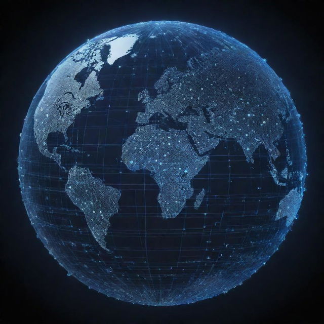 Illustrate an interconnected globe with various cyber elements like circuits, binary numbers, and shield icons, signifying the shared responsibility of securing cyberspace.