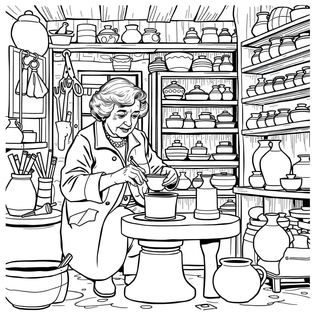 Agatha Christie depicted engaging in the making of clay crafts, seated at a pottery wheel in a cozy, modern craft studio