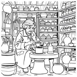 Agatha Christie depicted engaging in the making of clay crafts, seated at a pottery wheel in a cozy, modern craft studio