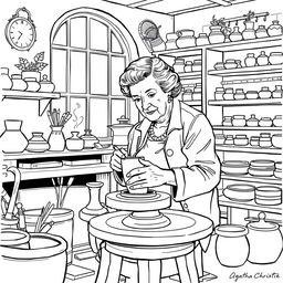 Agatha Christie depicted engaging in the making of clay crafts, seated at a pottery wheel in a cozy, modern craft studio