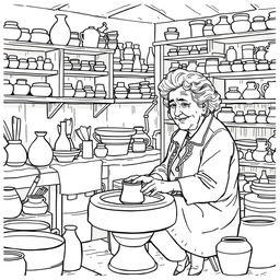 Agatha Christie depicted engaging in the making of clay crafts, seated at a pottery wheel in a cozy, modern craft studio