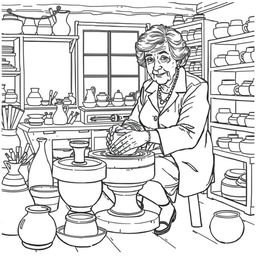 Agatha Christie depicted engaging in the making of clay crafts, seated at a pottery wheel in a cozy, modern craft studio