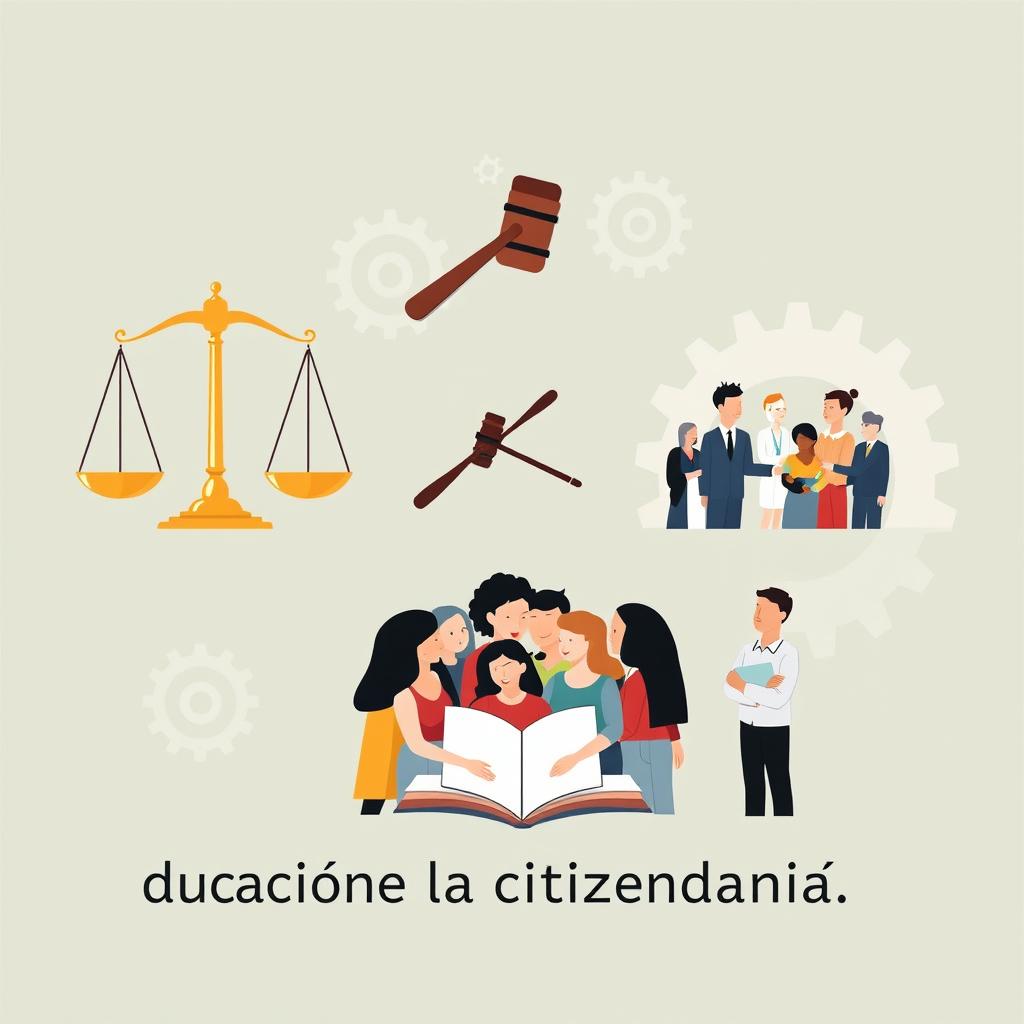 Illustrations themed around 'Educación para la ciudadanía', focusing on elements that represent laws and civic understanding