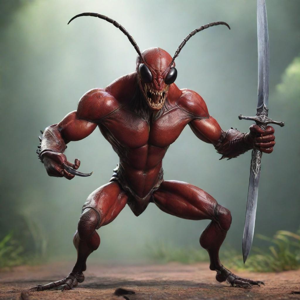 A realistic, hyper-muscular giant ant king wielding a sharp sword in each of his hands, displaying extreme power and authority