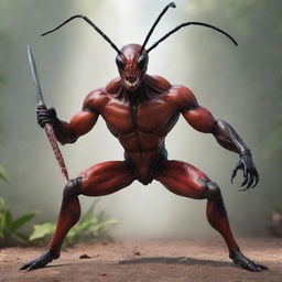 A realistic, hyper-muscular giant ant king wielding a sharp sword in each of his hands, displaying extreme power and authority