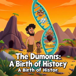 An animated scene featuring a DNA strand intertwined with three distinct components, each symbolizing an aspect of human evolution