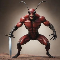 A realistic, hyper-muscular giant ant king wielding a sharp sword in each of his hands, displaying extreme power and authority