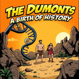 A comic book style illustration featuring a DNA strand with three imaginative components attached, representing facets of human evolution