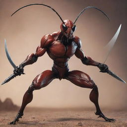 A realistic, hyper-muscular giant ant king wielding a sharp sword in each of his hands, displaying extreme power and authority