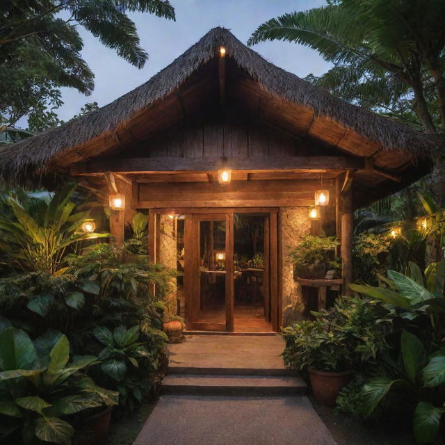 A simple, rustic brown restaurant nestled amongst tropical foliage in the Philippines, with its welcoming entrance garnished by a warm glow of lights and enticing aroma of local food wafting in the air.