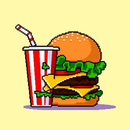 A pixel art depiction featuring a classic cheeseburger and a soda