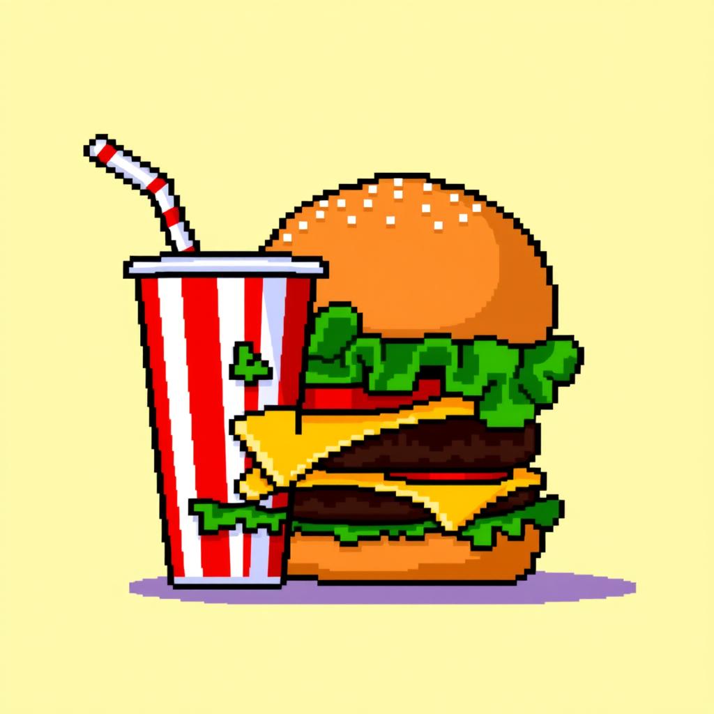A pixel art depiction featuring a classic cheeseburger and a soda