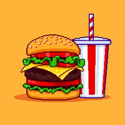 A pixel art depiction featuring a classic cheeseburger and a soda