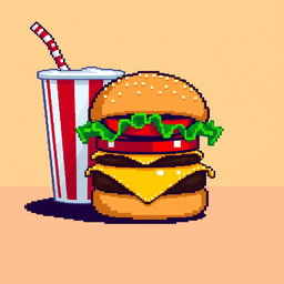 A pixel art depiction featuring a classic cheeseburger and a soda