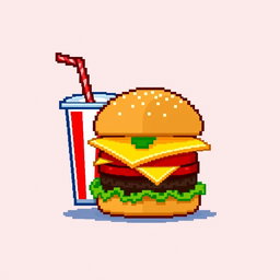 A pixel art depiction featuring a classic cheeseburger and a soda