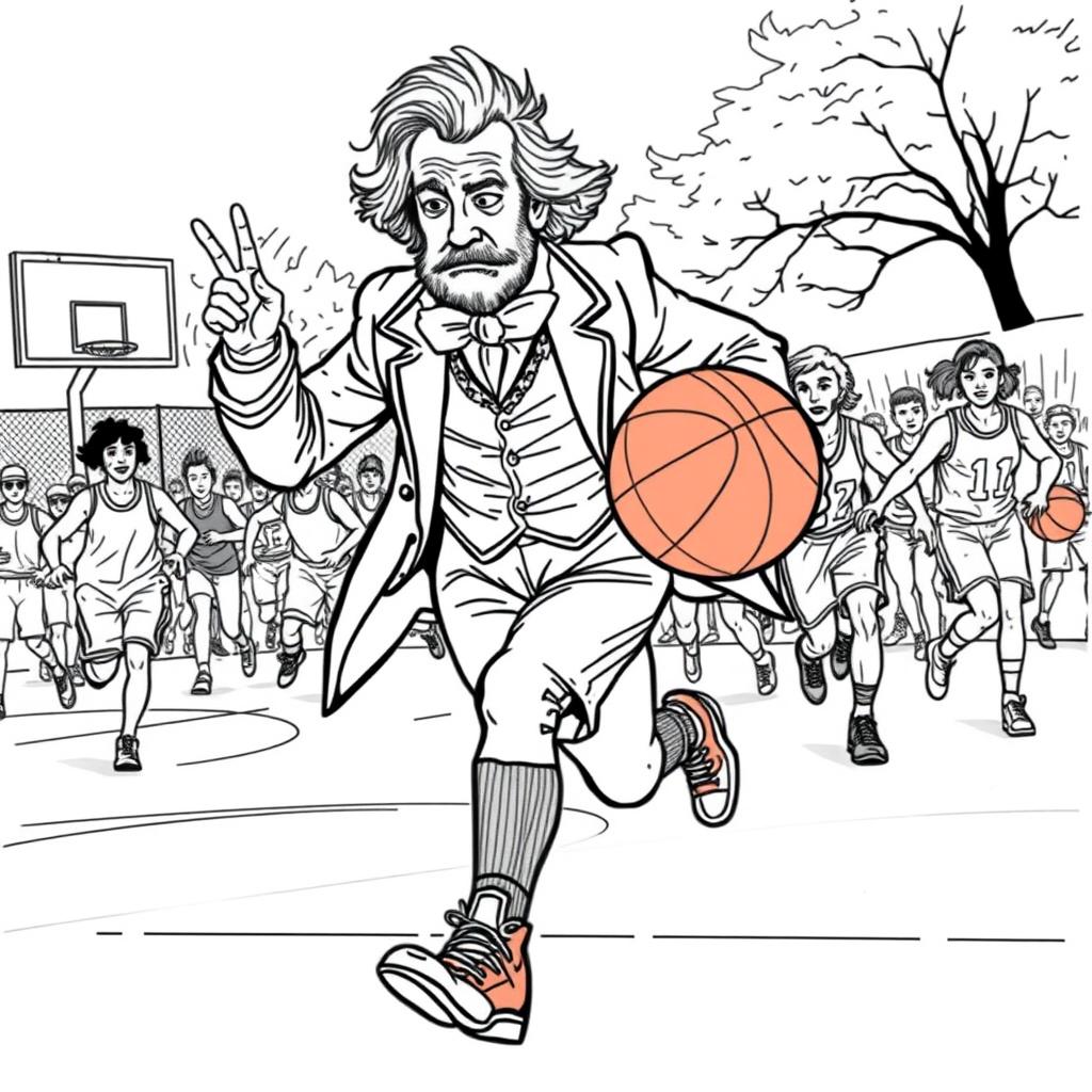 Charles Dickens depicted playing basketball, energetically dribbling the ball across an outdoor court with his team