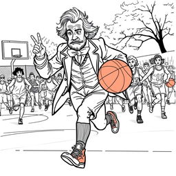 Charles Dickens depicted playing basketball, energetically dribbling the ball across an outdoor court with his team