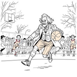 Charles Dickens depicted playing basketball, energetically dribbling the ball across an outdoor court with his team