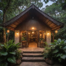 A simple, rustic brown restaurant nestled amongst tropical foliage in the Philippines, with its welcoming entrance garnished by a warm glow of lights and enticing aroma of local food wafting in the air.