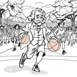 Charles Dickens depicted playing basketball, energetically dribbling the ball across an outdoor court with his team