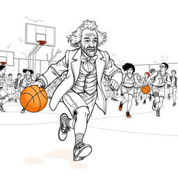 Charles Dickens depicted playing basketball, energetically dribbling the ball across an outdoor court with his team