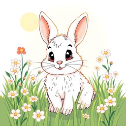 Illustrated linear art of a sweet rabbit in a meadow