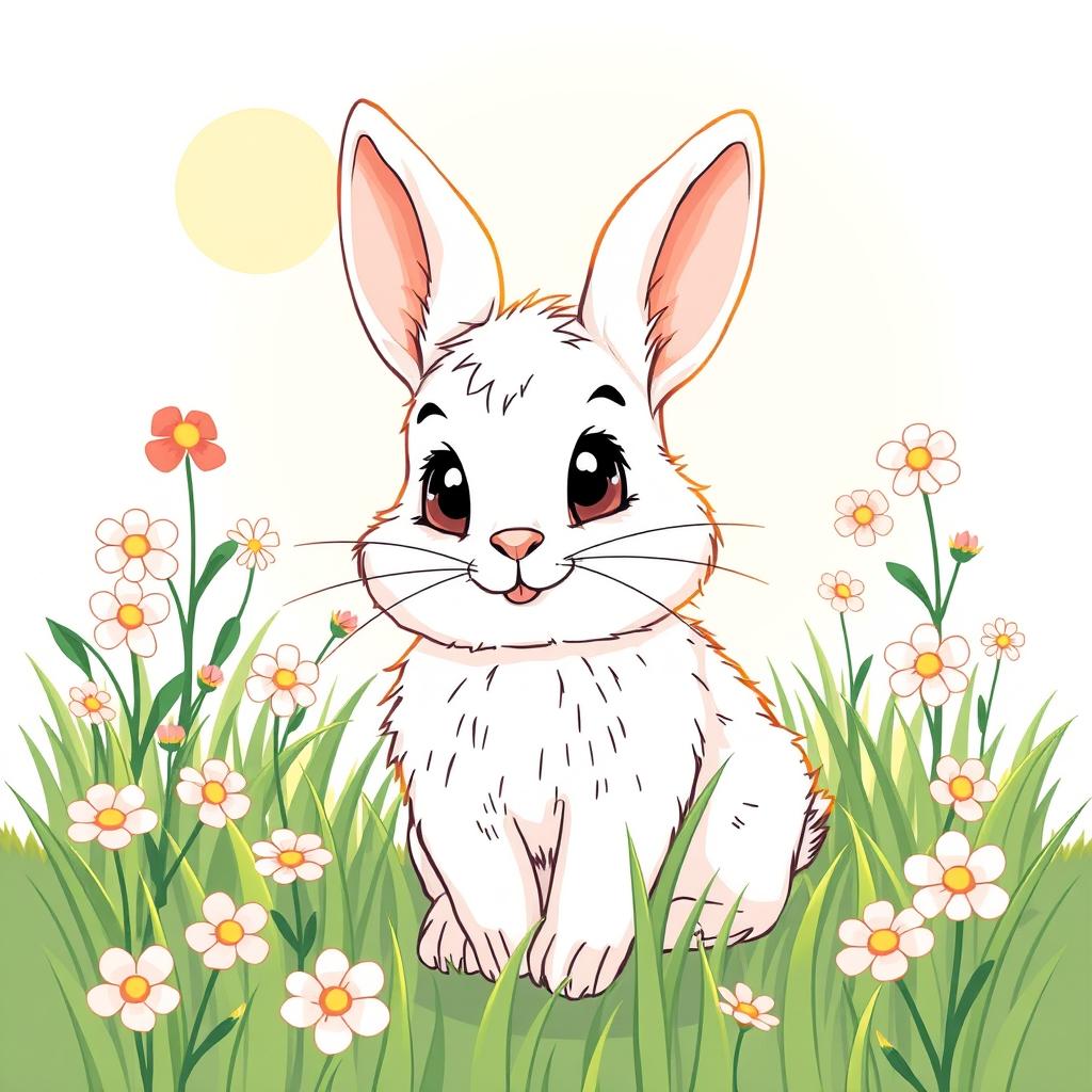 Illustrated linear art of a sweet rabbit in a meadow