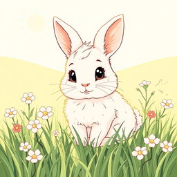 Illustrated linear art of a sweet rabbit in a meadow