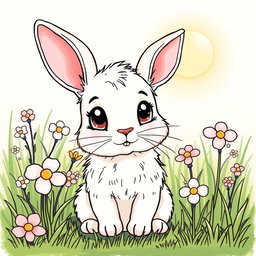 Illustrated linear art of a sweet rabbit in a meadow