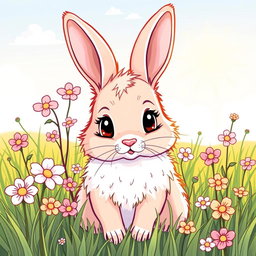 Illustrated linear art of a sweet rabbit in a meadow