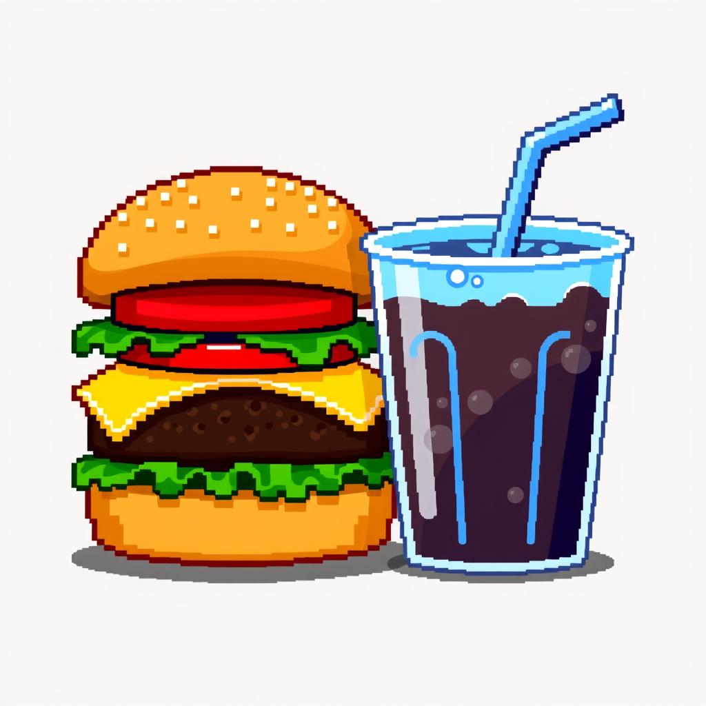 A pixel art icon featuring a classic cheeseburger and a soda