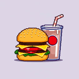 A pixel art icon featuring a classic cheeseburger and a soda