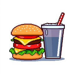 A pixel art icon featuring a classic cheeseburger and a soda