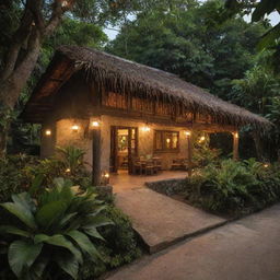 A simple, rustic brown restaurant nestled amongst tropical foliage in the Philippines, with its welcoming entrance garnished by a warm glow of lights and enticing aroma of local food wafting in the air.